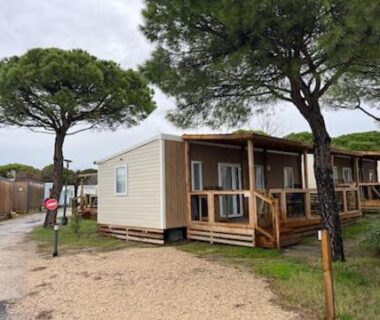 Terrasse sous pins du mobil-home au camping la Marine 4 étoiles le Grau du Roi