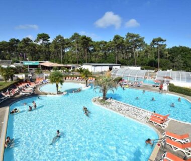 Piscine extérieure avec transats et palmiers au Mobil home camping les Viviers 8 personnes