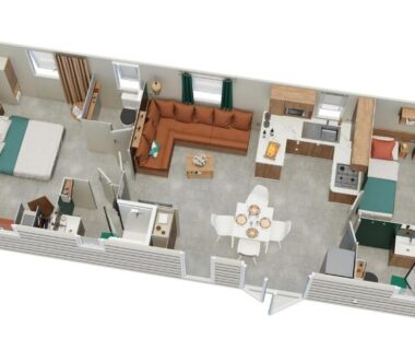 Plan intérieur montrant salon cuisine et chambres du Mobil home camping luxe 4 étoiles