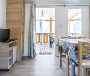Séjour avec table télévision et terrasse du mobil home camping siblu