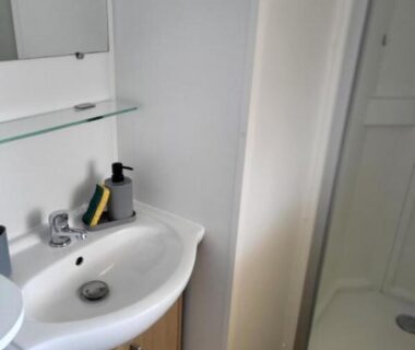 Salle de bain avec lavabo et cabine de douche du Mobil-home chez MG