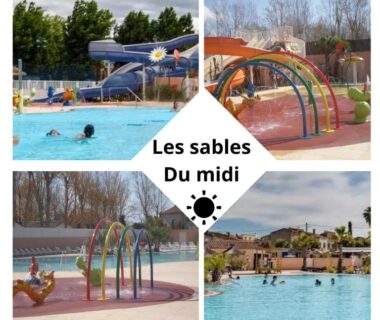 Piscine extérieure avec toboggan et jeux d'eau au Mobil-home chez MG