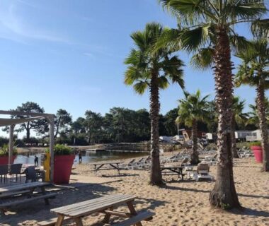 Plage de sable avec palmiers et transats au mobil home climatisé