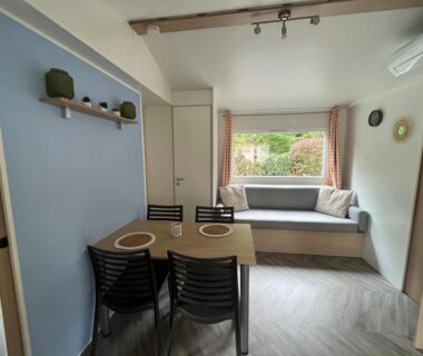 Séjour avec coin repas et canapé dans le mobil home climatisé