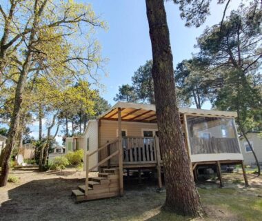 Dans la pinède en Gironde terrasse surélevée et escalier du Mobil-home climatisé 6 personnes