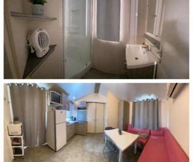 Intérieur avec coin cuisine et salle d'eau du Mobil home climatisé 6 personnes dans camping 3* Tohapi a BOOFZHEIM