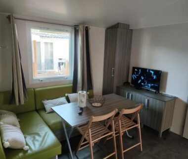 Intérieur salon avec canapé vert et télévision du Mobil-home climatisé Plage à 3 min Proche Barcarès Piscine chauffée