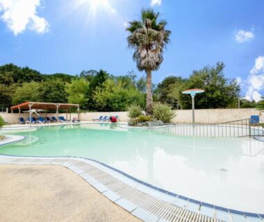 Piscine lagon avec palmier au mobil-home climatisé camping 3 étoiles 5 min du Lac 15 min Mimizan-Plage