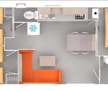 Plan intérieur du mobil-home trois chambres dans camping 4 étoiles à La Presqu'ile du Barcares Mobil-home climatisé tout confort