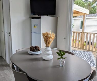 Coin repas avec vase et télévision au mobil-home confort Camping 4 étoiles Clim et plage