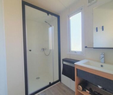 Salle de bains avec douche et lavabo du Mobil-home confortable avec terrasse à Espelette API-1-52-1551