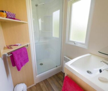 Salle de bain avec douche et lavabo dans le mobil-home confortable avec terrasse à Pezuls API-1-52-683