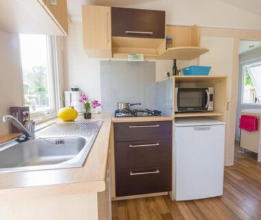 Intérieur coin cuisine avec évier micro-ondes et petit réfrigérateur du Mobil-home confortable avec terrasse à Pezuls API-1-52-683