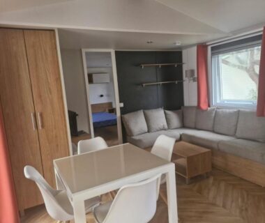 Coin salon et repas avec canapé et table dans Mobil home contis lettes 40170