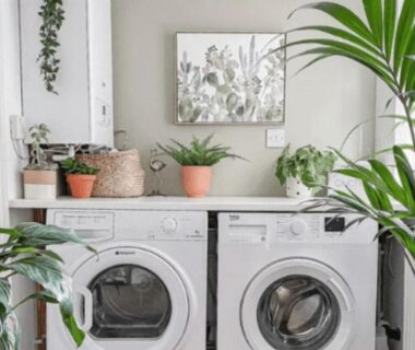 Buanderie avec lave-linge sèche-linge et plantes dans le mobil-home cosy avec terrasse à Puyravault API-1-52-1341
