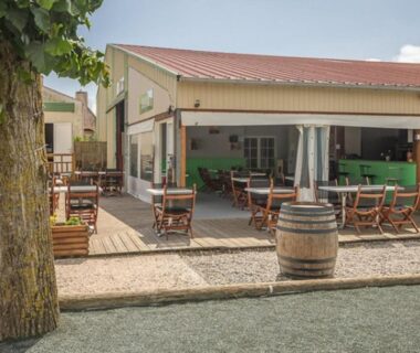 Terrasse extérieure avec tables et chaises du mobil-home cosy avec terrasse à Puyravault API-1-52-1341