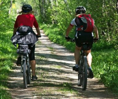 Sentier boisé avec deux cyclistes à vélo au camping mobil-home cosy à Puyravault API-1-52-1341