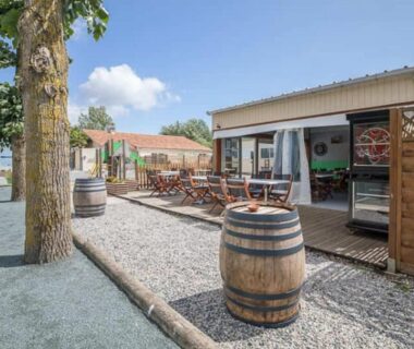 Terrasse extérieure avec tables et tonneaux du Mobil-home cosy avec terrasse à Puyravault API-1-52-1341