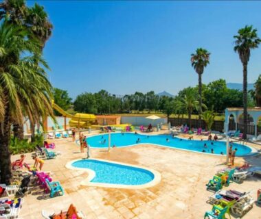 Piscine extérieure et solarium avec palmiers au mobil-home de Laura et Angélique au camping Le Neptune