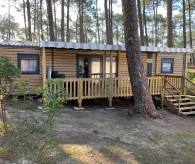 Dans la pinède terrasse et façade du Mobil home familial 3 chambres 45 m2 N 211
