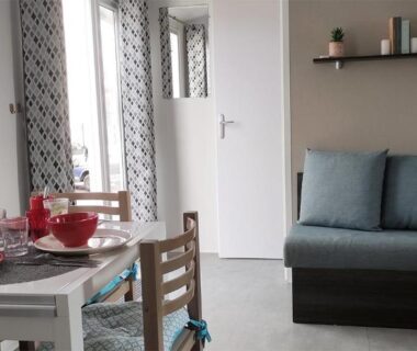 Séjour avec canapé et coin repas dans le Mobil home famille Calazel
