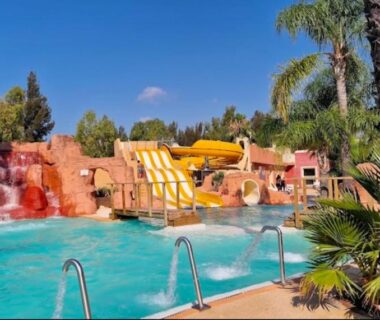 Piscine extérieure avec toboggans et palmiers au Mobil-home neuf 6 à 8 pers au Camping Les Palmiers Hyères