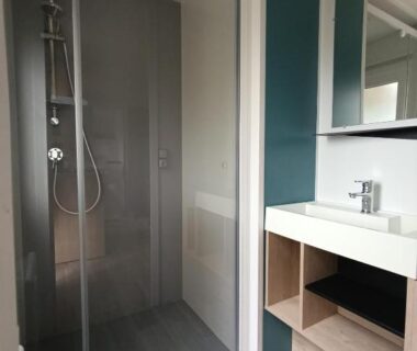Salle de bains avec douche vitrée et vasque dans le mobil-home neuf sous les pins