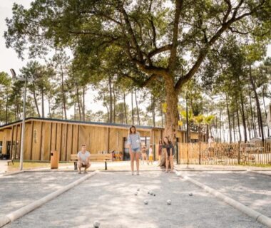 Allée et terrain de pétanque sous les pins au Mobil-home neuf sous les pins