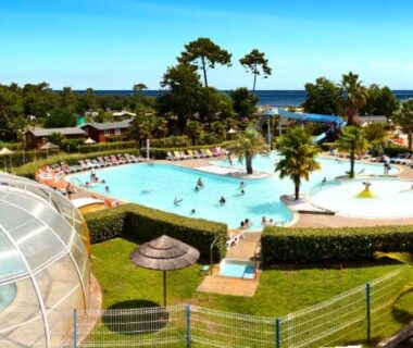Piscine extérieure avec dôme et palmiers au mobil home paisible au Cap Ferret Camping les viviers