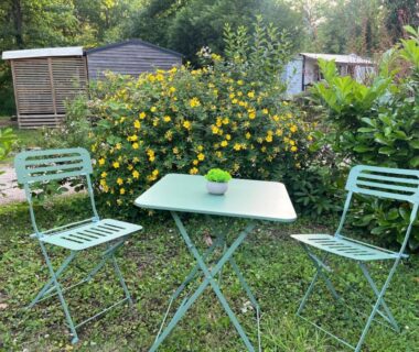 Coin jardin avec table et chaises devant la haie du Mobil home tout confort
