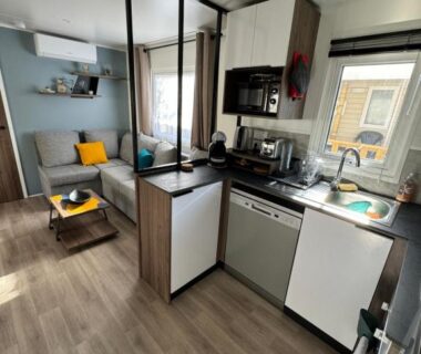 Intérieur avec cuisine équipée et coin salon du Mobil home tout confort Camping Les VIVIERS CAP FERRET