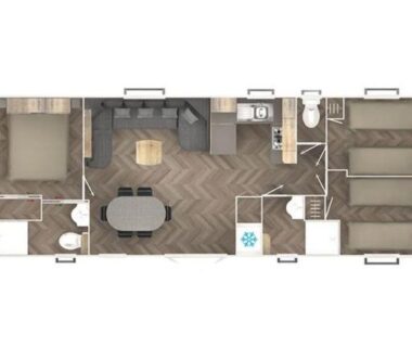 Intérieur mobil-home avec séjour cuisine chambres et salles d'eau du camping Mar Estang à Canet en roussillon