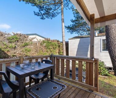 Terrasse en bois avec table et chaises du Mobile Home 407 Bois Dormant