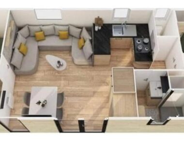 Plan intérieur 3D montrant le séjour la cuisine et trois chambres du Mobile Home La Roulotte Catalane