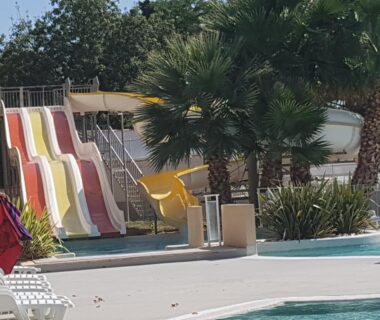 Piscine avec toboggans et palmiers au Mobile Home tout confort Séléna