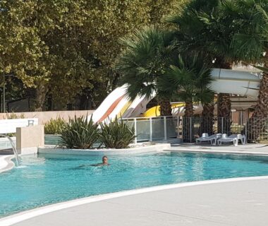 Piscine extérieure avec toboggan et palmiers au Mobile Home tout confort Séléna