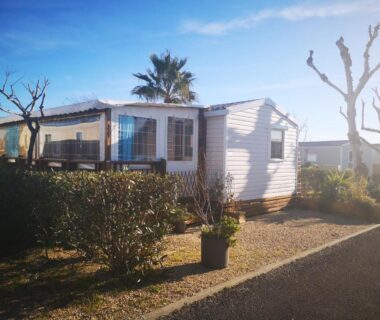 Allée avec mobil-home blanc entouré de végétation dans le camping Mobile Homes Sous le Soleil