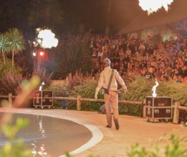 Bord de piscine spectacle de feu devant la foule au Mobile Homes by KelAir at Camping Domaine des Ormes