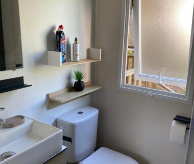 Salle de bain avec toilette et lavabo du mobile home 6 personnes