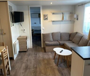 Salon avec canapé télévision et coin repas du mobile home Harley