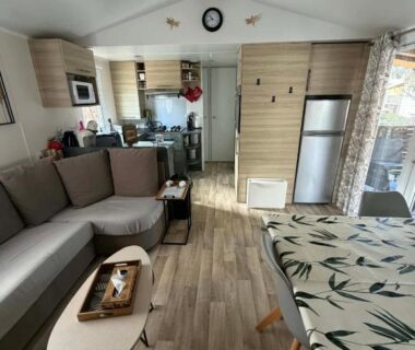 Intérieur avec coin salon et kitchenette du Mobile-home La Carabasse FO88