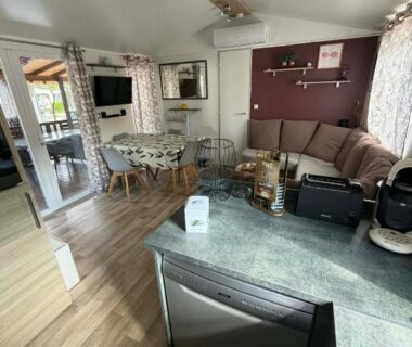 Séjour avec coin cuisine et table à manger dans le Mobile-home La Carabasse FO88