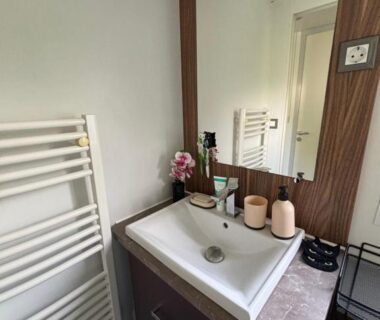 Salle de bain avec lavabo miroir et sèche-serviettes du mobile home Myosotis camping siblu