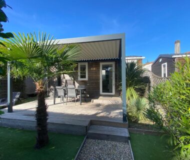 Terrasse avec palmiers au mobile home Premium 24m² 2 chambres