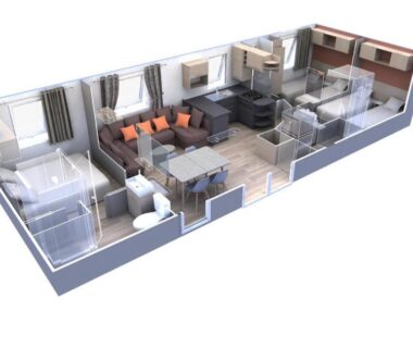 Intérieur 3D avec séjour cuisine et chambres du Mobile home Canet en Roussillon