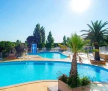 Piscine du camping avec toboggan et palmiers au mobile home climatisé