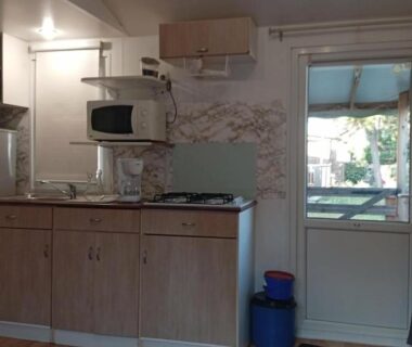 Coin cuisine avec micro-ondes réfrigérateur et plaques de cuisson donnant sur l'extérieur dans le mobile home climatisé