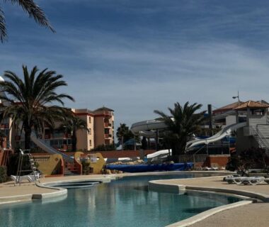 Piscine centrale avec toboggans et palmiers au camping Mobile-home le Badwill