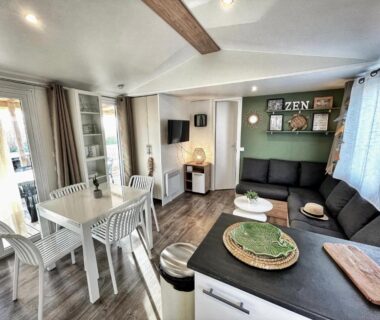 Séjour avec coin repas et canapé dans le mobile-home le Célestin