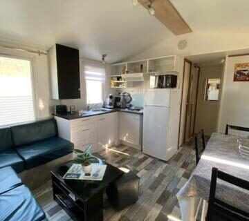Séjour avec canapé et kitchenette dans le Mobilhom 143